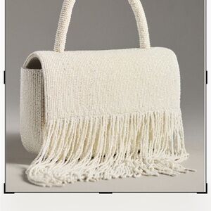 Anthropologie Ivory Beaded Fringe Top-Handle Clutch